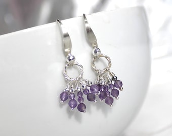 Purple Amethyst Earrings, Sterling Silver, Natural Gemstone, Purple, Violet, February Birthstone, Fringe, Petite, Lightweight - Lilac Fringe
