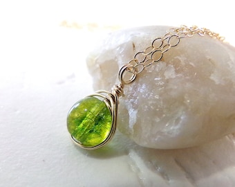 Peridot Necklace, Green Necklace, Gold Necklace, August Birthstone Necklace, Peridot Gemstone Necklace, Wire Wrapped Pendant - Little Green