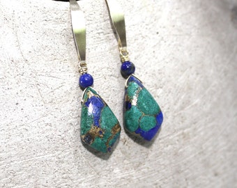 Blue Green Earrings, Gold Earrings, Azurite Malachite, Lapis Lazuli, Natural Stone, Lightweight, Copper, Navy, Simple - Terra Firma