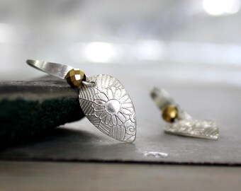 Handmade Fine Silver Floral Teardrop Earrings with Gold Hematite
