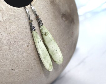 Green Earrings, Light Moss Green Earrings, Oxidized Sterling Silver, Natural Stone Earrings Long Earrings Serpentine Black - Facing the Rain