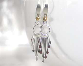 Silver Gold Earrings, Sterling Silver, Long Dangle Earrings, Fringe Earrings, Petite Chandelier, Lightweight, Everyday Sparkle - Fringe