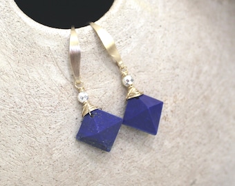 Blue Lapis Lazuli Earrings, Gold Silver, Blue Gemstone, Pyramid Cut, Navy, Lightweight, Wire Wrapped Petite Natural Stone - Nothing but Blue