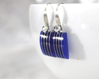 Blue Cymophane Cat's Eye Earrings: Sterling Silver Intarsia, Nautical Style