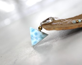 Blue Larimar Necklace, Sterling Silver, Beaded Chain
