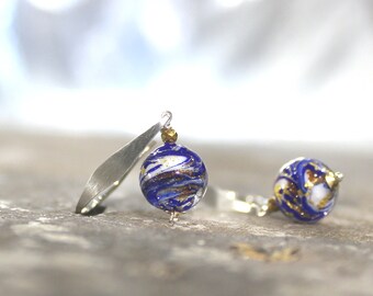 Blue Earrings, Italian Murano Glass, Venetian, Petite, Gold Silver Mixed Metal, Sterling Silver, Blue White Gold Swirl, Lightweight - Worlds