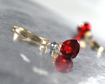 Red Earrings, Gold Earrings, Cherry Red Quartz, Red Gold Silver Earrings, Petite Earrings, Faceted Red Trillion, Lightweight - Holly Bells