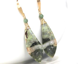 Chrome Chalcedony Earrings, 14k Gold Fill, Wrapped, Jade Accent