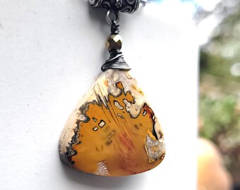 Tube Agate Drusy Necklace, Oxidized Sterling Silver, Fall Ochre and Cream, OOAK