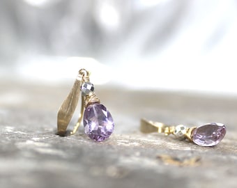 Purple Amethyst Earrings, Violet, Pastel, 14K GF, Gold Silver, AAA Natural Gemstone, Petite, Ring Cut, February Birthstone - Lavender Blush