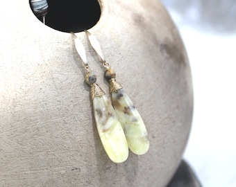 Yellow Earrings, Opal, 14k Gold Fill, Yellow Gray , Crazy Lace Agate, Natural Stone, Long Dangle, Wire Wrapped, Yellow Opal - Morning Light