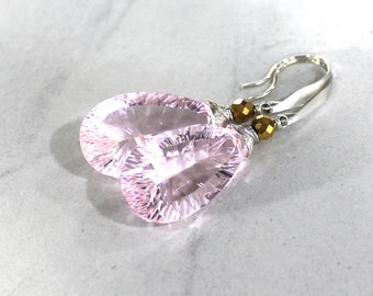 Pink Earrings, Sparkly Quartz Earrings, Gold, Silver,  Laser Cut, Faceted, Long Dangle, Bold, Glamourous, Pear Shape Cotton Candy - Pink Ice