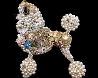 Poodle Wall Art Decor, Upcycled Vintage Jewelry Art, Jewelry Collage Art, Poodle Lover Gift, White Poodle Artwork, Chanel Poodle