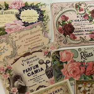 May include: Vintage floral design labels with French text. The labels feature roses, hyacinths, and other flowers in a delicate, romantic style. The text includes the names of perfumes, soaps, and other products.