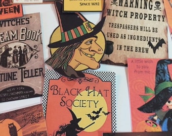 May include: A collection of vintage Halloween-themed paper ephemera featuring witches, bats, and moons. The text on the cards includes "Gypsy Witch", "Seeing Your Future Since 1692", "Warning Witch Property", "Trespassers Will Be Used As Ingredients In The Brew", "Witches Dream Book", "Fortune Teller", "Black Hat Society", and "Since 1692".