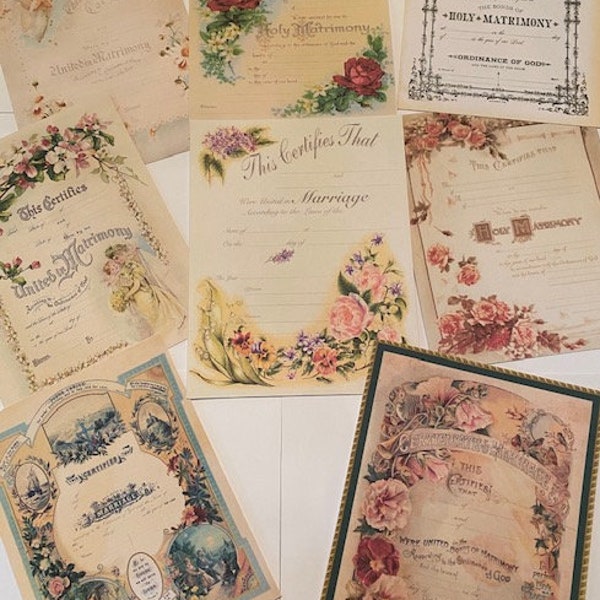 Vintage Style Victorian Marriage Certificates/Matrimony Certificate Journal Supplies 16 Piece Large