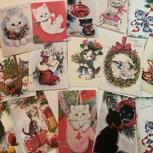 Carte de Noël vintage Kitty Cat ~ Découpes/étiquettes cadeaux 32 pièces Mignon rose minable