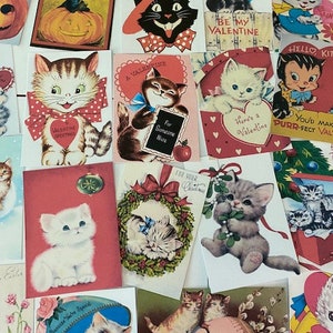 May include: A collection of vintage greeting cards featuring adorable cat illustrations. The cards showcase various themes, including Valentine's Day, Christmas, and Easter, with charming designs and text like "Be My Valentine" and "Easter Greetings."