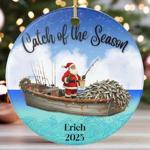 Personalized Santa Fishing Boat Ornament 2025: Coastal Christmas Keepsake