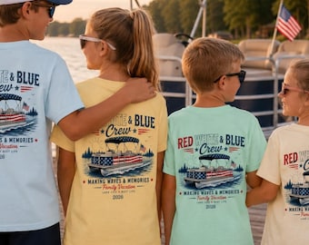 Kindersponton Boot Personalisiertes Familienurlaubs-Shirt, Seereise-Shirt, Passende Familienurlaub, Rot, Weiß, Blau Crew Shirt, Komfortfarben