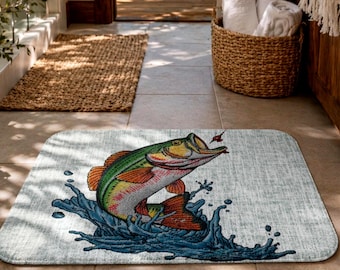 Bass Fishing Bath Mat Memory Foam, Lakehouse Bathroom Decor Rug, Fisherman Gift, Rustic Cabin Bath Rug, Embroidery Look Fish Bathroom Mat