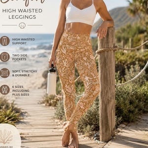 May include: High-waisted leggings featuring a mustard yellow and white botanical print, paired with a white sports bra. The text reads Coastal Comfort, High Waisted Leggings, High Waisted Support, Two Side Pockets, Soft, Stretchy & Durable, 6 Sizes Including Plus Sizes, and Inspired by Ocean Life.