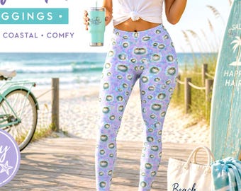 Florida Puffer Fish Leggings Women Coastal Beach Yoga Pants Ocean Sea Life Leggings Mid Rise Cute Fish Activewear Gift for Her