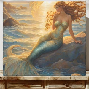 Vintage Gold Mermaid Canvas Art | Coastal Beach House Decor | Elegant Mermaid Lover Gift, Ocean-Inspired Wall Art Beachy Vibes, Mermaidcore