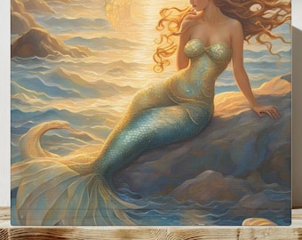 Vintage Gold Mermaid Canvas Art | Coastal Beach House Decor | Elegant Mermaid Lover Gift, Ocean-Inspired Wall Art Beachy Vibes, Mermaidcore