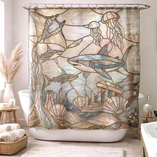 Douchegordijn kust abalone oceaandecor, luxe strandbadkamer, nautisch zeeleven badgordijn, kusthuis, mantarog gedrukt ontwerp