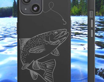 Fishing Phone Case for Anglers – Trout Line Art iPhone Case, Matte Black Fisherman Gift, Durable Coastal Fishing Accessory