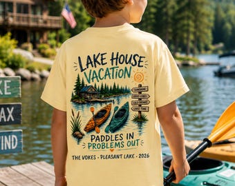 Personalisierte Kinder See Haus Urlaub Shirt, passende Familie Kayak Shirts, benutzerdefinierte See Name T-Shirt, Familien Urlaub Shirt, Komfort Farben Jugend