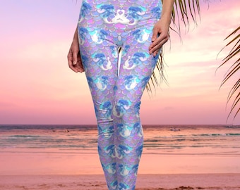 Mermaid Leggings, Iridescent Scale Pattern Yoga Pants, Coastal Fitness Wear, Pastel Mermaidcore Leggings, Ocean Lover Gift, mermaid girl