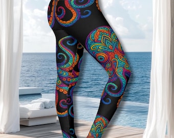 High Waisted Octopus Leggings, Colorful Ocean Art Yoga Pants, Coastal Statement Leggings, Squid Tentacle Activewear