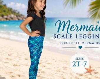 Mermaid Scale Kids Leggings Matching Mommy Leggings Ocean Toddler Leggings Girls Mermaid Pants 2T-7 Beach Outfit Lucky Levi