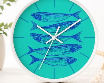 Boho Sardine Fisch Wanduhr, Küstendekor, Strandhaus-Vibes, Küchenwandkunst, Geschenk für Fischer, Ozean-Themen-Dekor, Strandhausdekor