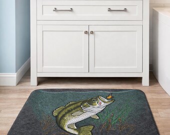 Fishing Bath Mat Memory Foam Rug, Fisherman Bathroom Decor, Bass Fishing Bathroom Rug, Lakehouse Bath Mat, Coastal Fishing Decor
