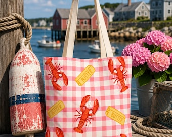 Lobster Tote Bag, Coastal Beach Bag, Pink Gingham Tote, Maine Lobster Market Bag, Coastal Grandma Tote, Summer Beach Tote, New England Gift