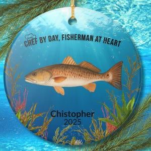 Décoration de Noël de pêche personnalisée, cadeau de chef, décoration de pêcheur de sébaste, nom et année personnalisés, cadeau de Noël de cuisinier et de chef