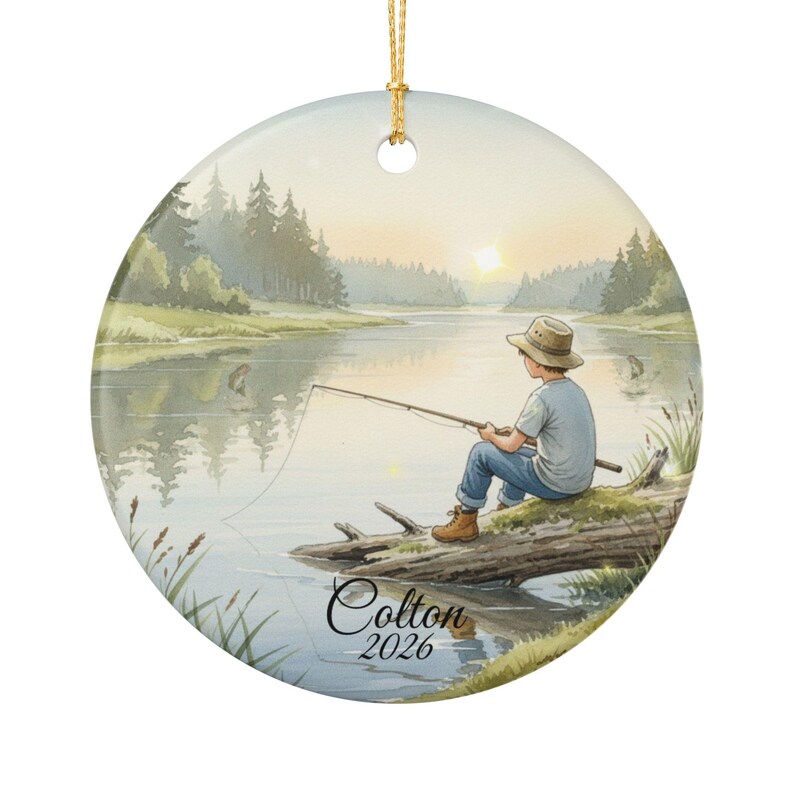 Personalized Boy Fishing Ornament, Custom Kids Fishing Christmas Gift, Ceramic Fisherman Keepsake, Child Ornament 2025, Stocking Stuffer image 3