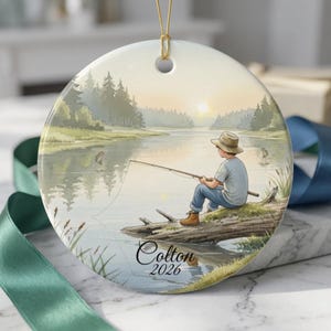 Personalized Boy Fishing Ornament, Custom Kids Fishing Christmas Gift, Ceramic Fisherman Keepsake, Child Ornament 2025, Stocking Stuffer image 2