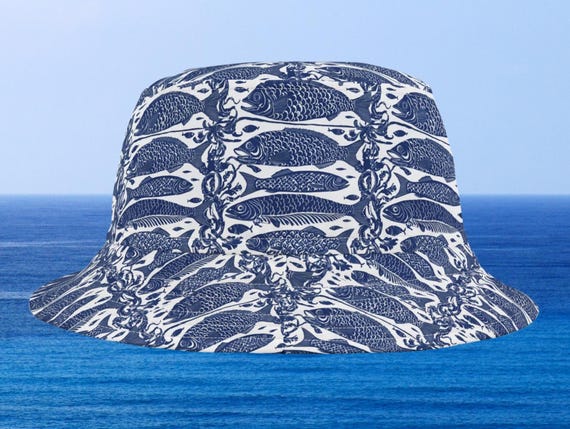 Blue Wide Brim Hat with Sea Life Design Handmade Reversible Bucket or Sun Hat, With Whale Design and  main image 3