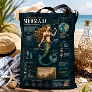 May include: A dark blue tote bag featuring a detailed illustration of a mermaid with long blonde hair and a teal tail. The bag includes informational text about mermaids, including their habitat, diet, and unique traits. The text reads "The Ocean's Enchantress Mermaid".