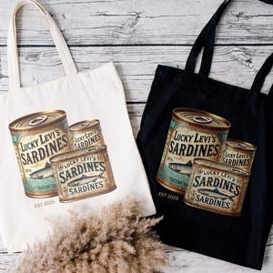 Vintage Lucky Levis Sardines Tote Bag, Retro Fishing Aesthetic Beach Bag, Coastal Canvas Tote, Gift for Anglers and Ocean Lovers, Beach Bag