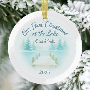 Custom Lake House Ornament 2025 • Personalized First Christmas at the Lake • Glass Ornament for Couple • Newlywed Lake Gift, Lake Life gift