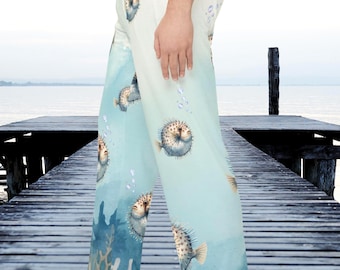 Pantalones de pijama para hombre con estampado de pez globo, ropa de estar por casa estilo costero, regalo de playa para él, pijama divertido con estampado de océano, pantalones de dormir de verano, ropa de estar por casa estilo náutico.