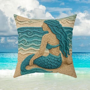 Almohada de macramé estilo sirena bohemia, decoración costera, decoración Mermaidcore, cojín decorativo, decoración costera, almohadas estilo cabaña, decoración de casa de playa