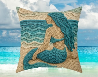 Boho Mermaid Macrame Style Pillow, Coastal Decor, Mermaidcore Decor, Throw Pillow, Coastal Home Accent, Cottage pillows, Beach house decor
