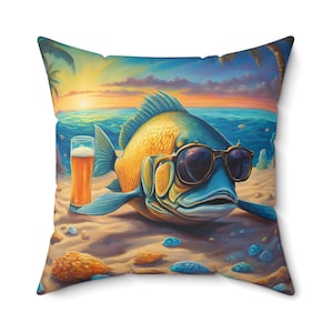 Cool Fish Pillow, Funny Fishing Decor, Outdoor Patio Cabin Throw Pillow, Gift for Fishermen, Beer Lovers and Lake House Owners, patio pillow