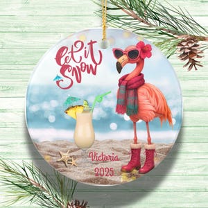 Personalized Flamingo Christmas Ornament: Beach Holiday Decor, Coastal Gift
